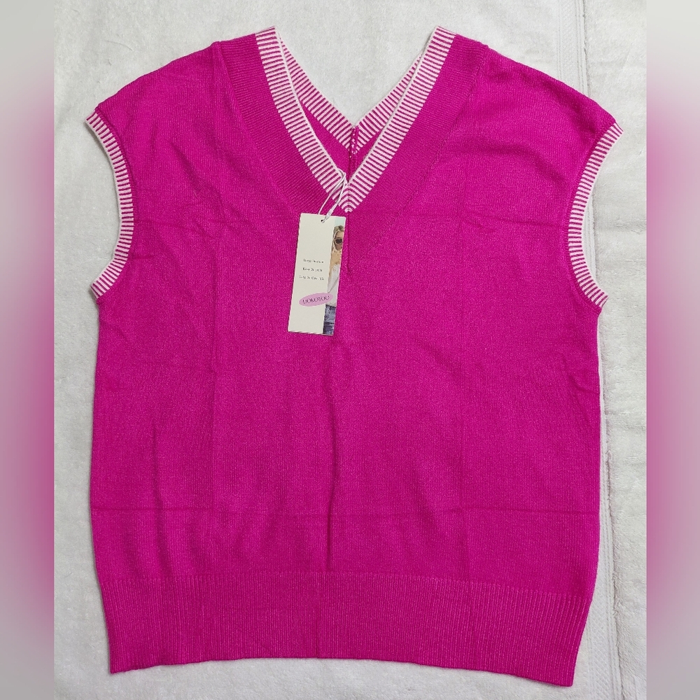 Vibrant Pink Knit Top with Striped Trim